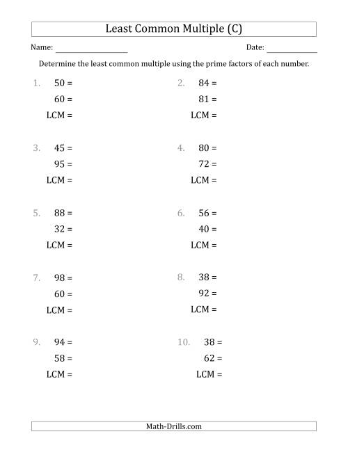 The Least Common Multiples of Numbers to 100 from Prime Factors with LCM's Not Equal to Numbers or Products (C) Math Worksheet