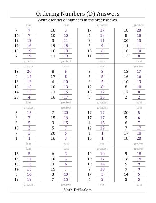 The Ordering Numbers (Range 1 to 20) (D) Math Worksheet Page 2