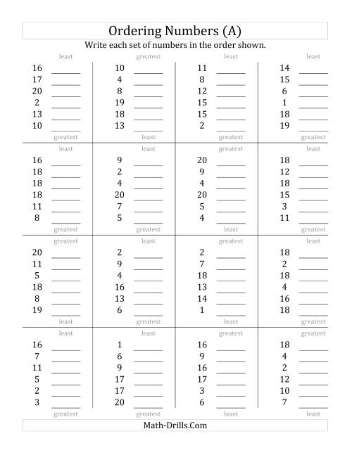 The Ordering Numbers (Range 1 to 20) (All) Math Worksheet