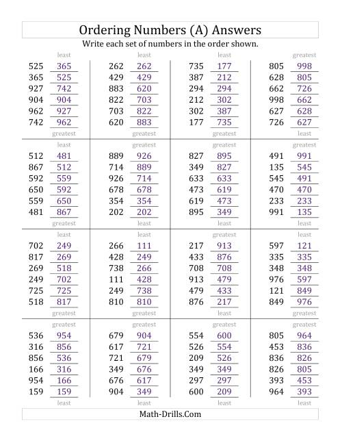 Ordering Numbers Range 100 To 999 A 