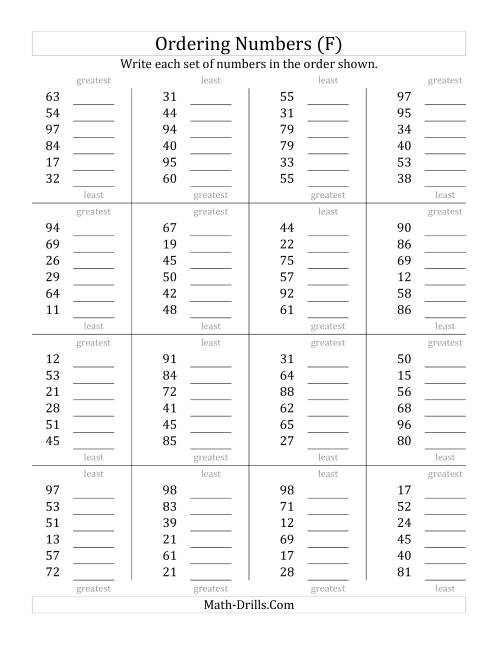 The Ordering Numbers (Range 10 to 99) (F) Math Worksheet