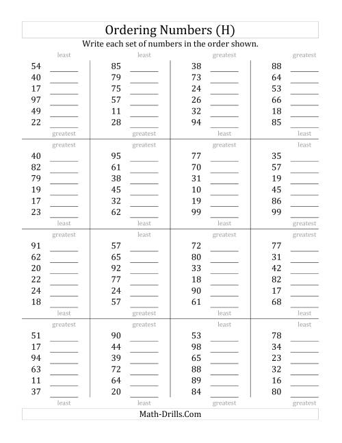 The Ordering Numbers (Range 10 to 99) (H) Math Worksheet