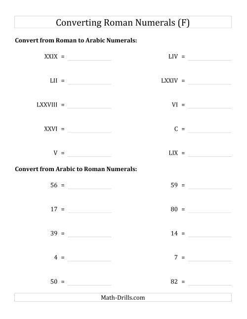 The Converting Compact Roman Numerals up to C to Standard Numbers (F) Math Worksheet