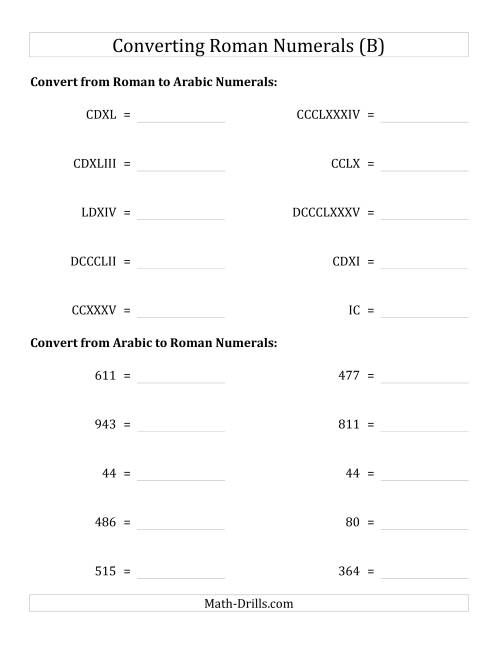 The Converting Compact Roman Numerals up to M to Standard Numbers (B) Math Worksheet