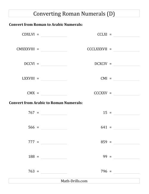 The Converting Roman Numerals up to M to Standard Numbers (D) Math Worksheet