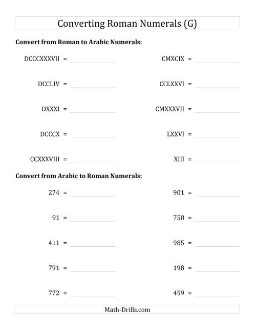 The Converting Roman Numerals up to M to Standard Numbers (G) Math Worksheet