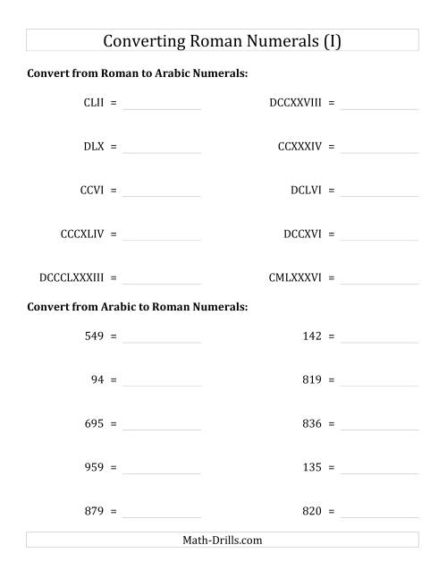 The Converting Roman Numerals up to M to Standard Numbers (I) Math Worksheet