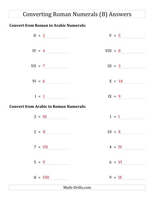 The Converting Roman Numerals from I to X to Standard Numbers (B) Math Worksheet Page 2