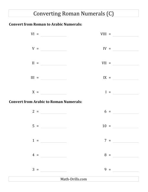 The Converting Roman Numerals from I to X to Standard Numbers (C) Math Worksheet