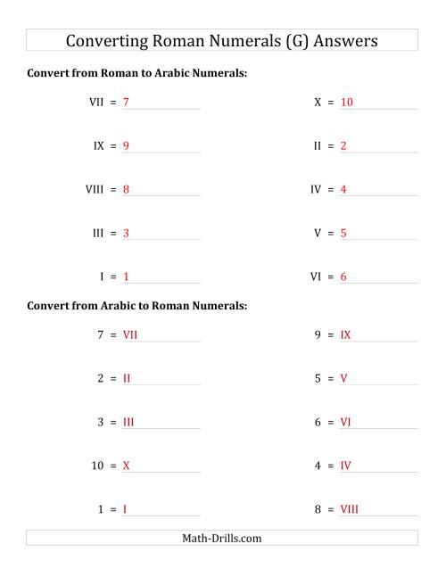 The Converting Roman Numerals from I to X to Standard Numbers (G) Math Worksheet Page 2