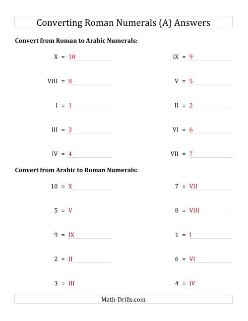 The Converting Roman Numerals from I to X to Standard Numbers (All) Math Worksheet Page 2