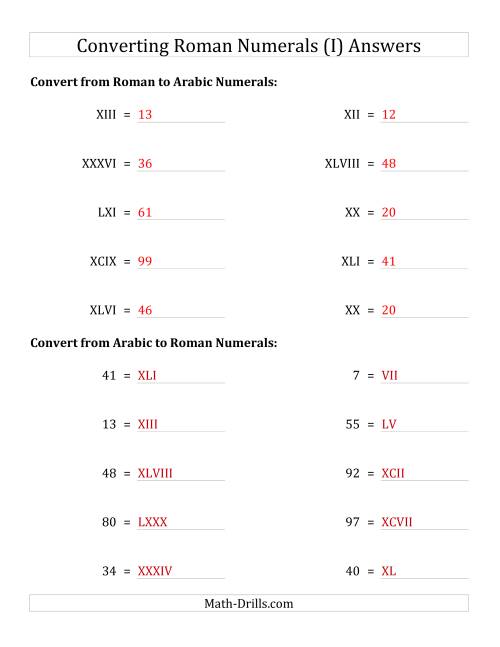 The Converting Roman Numerals up to C to Standard Numbers (I) Math Worksheet Page 2