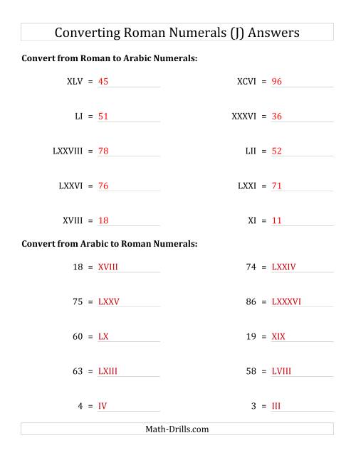 The Converting Roman Numerals up to C to Standard Numbers (J) Math Worksheet Page 2