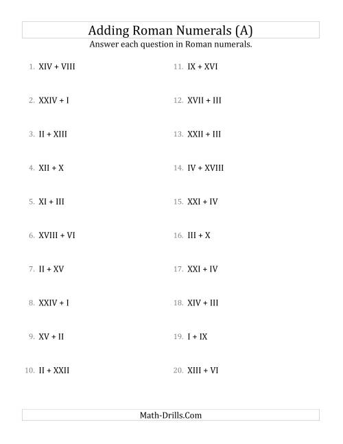 The Adding Roman Numerals up to XXV (A) Math Worksheet