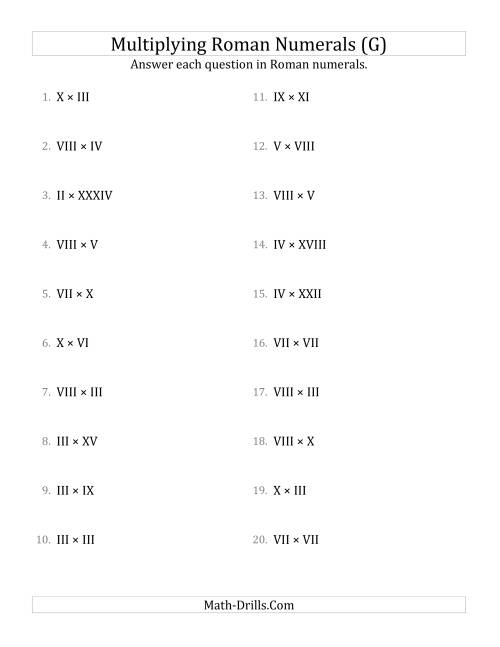 The Multiplying Roman Numerals up to C (G) Math Worksheet