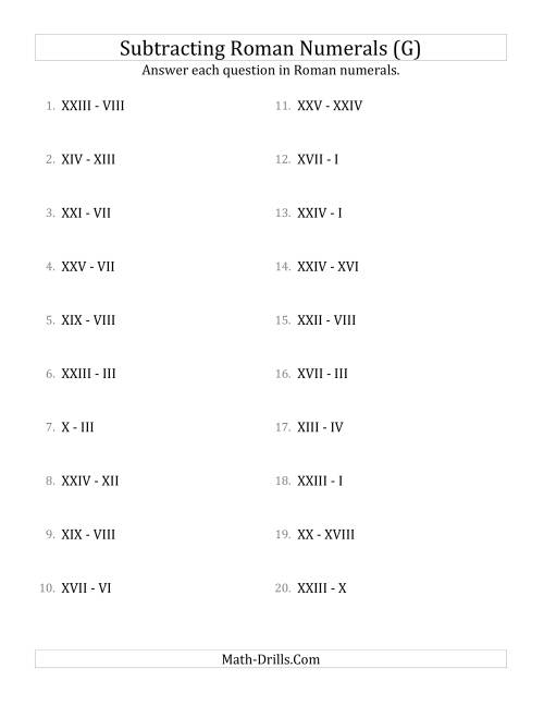 The Subtracting Roman Numerals up to XXV (G) Math Worksheet
