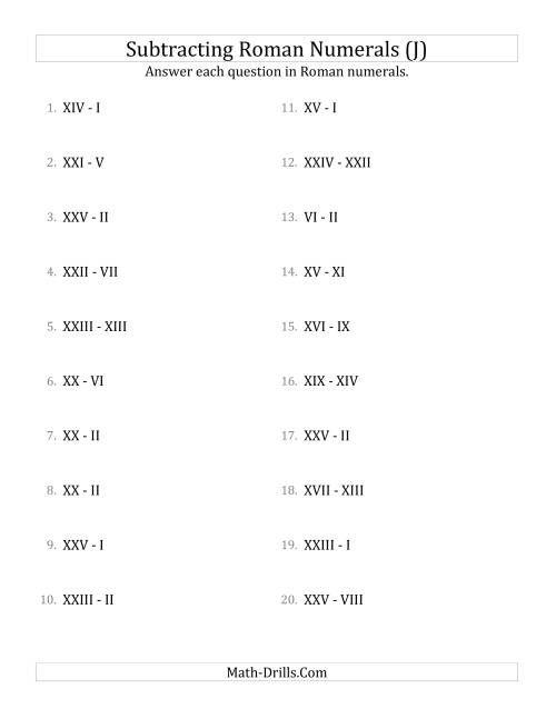 The Subtracting Roman Numerals up to XXV (J) Math Worksheet