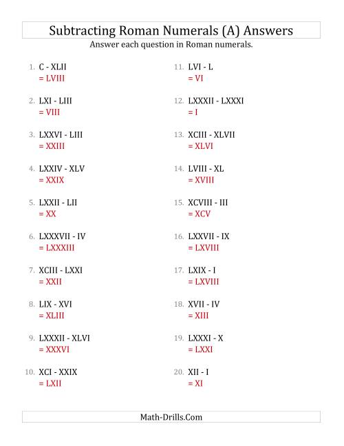 Subtracting Roman Numerals up to C (A)