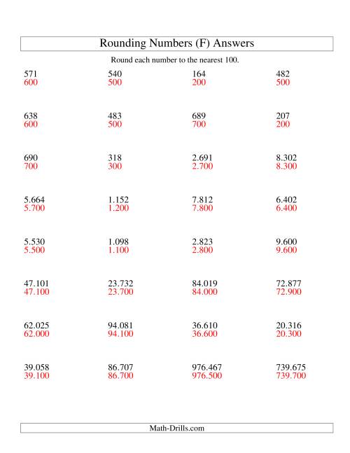 The Rounding Numbers to the Nearest 100 (Euro Version) (F) Math Worksheet Page 2