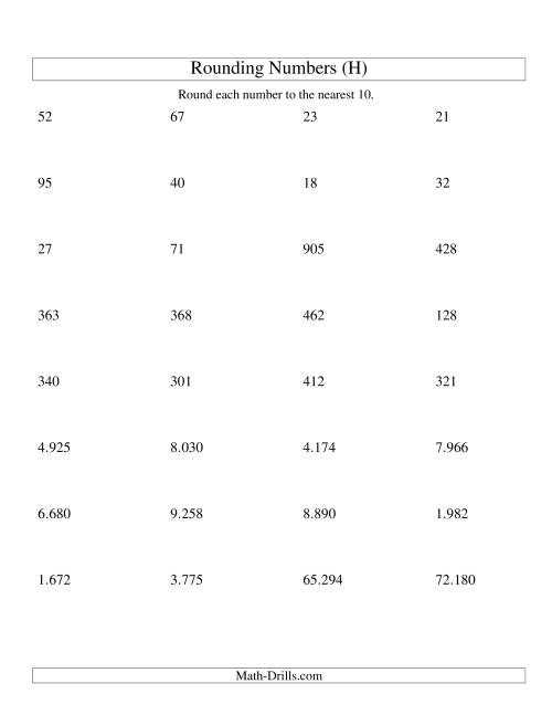 The Rounding Numbers to the Nearest 10 (Euro Version) (H) Math Worksheet