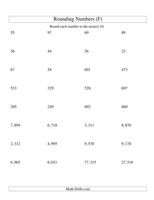 The Rounding Numbers to the Nearest 10 (U.S. Version) (F) Math Worksheet