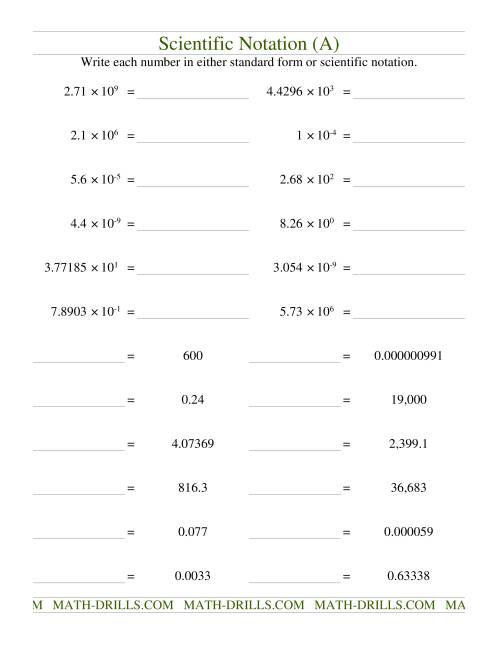 The Scientific Notation (A) Math Worksheet
