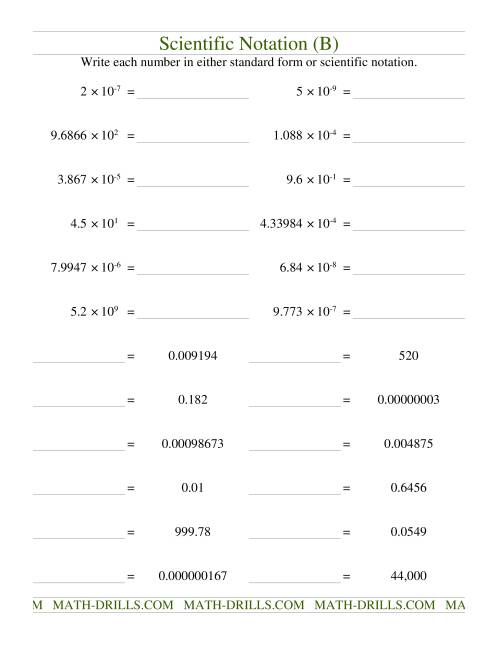 The Scientific Notation (B) Math Worksheet