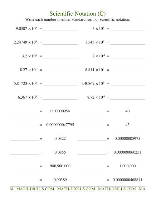 The Scientific Notation (C) Math Worksheet