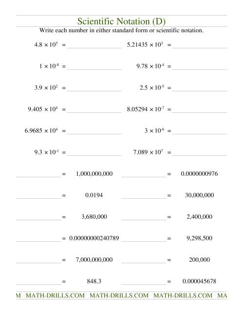 The Scientific Notation (D) Math Worksheet