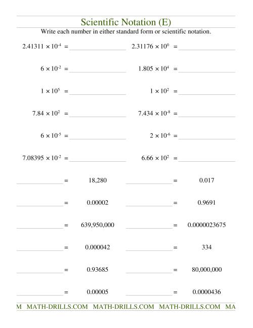 The Scientific Notation (E) Math Worksheet