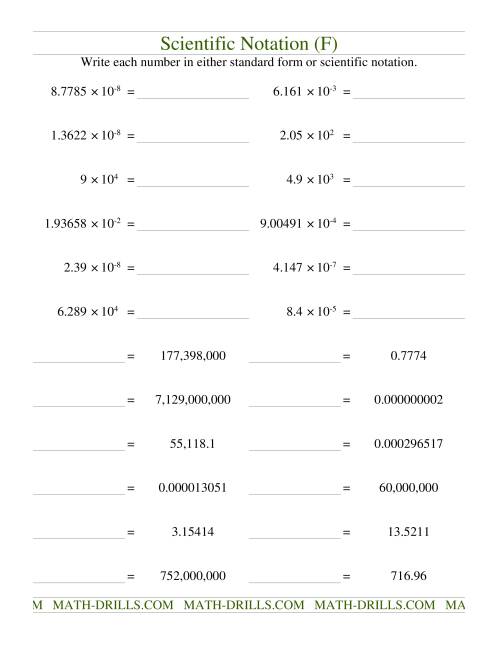 The Scientific Notation (F) Math Worksheet