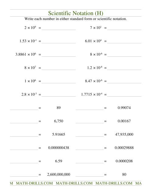 The Scientific Notation (H) Math Worksheet
