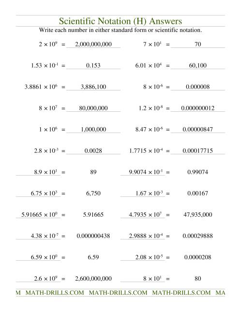 The Scientific Notation (H) Math Worksheet Page 2