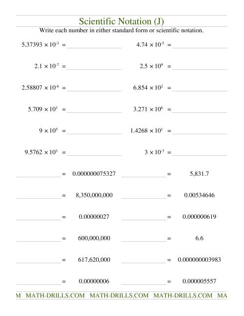 The Scientific Notation (J) Math Worksheet