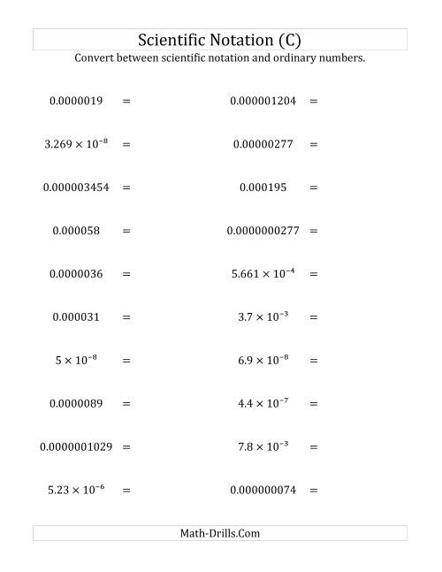 The Converting Between Scientific Notation and Ordinary Numbers (Small Only) (C) Math Worksheet