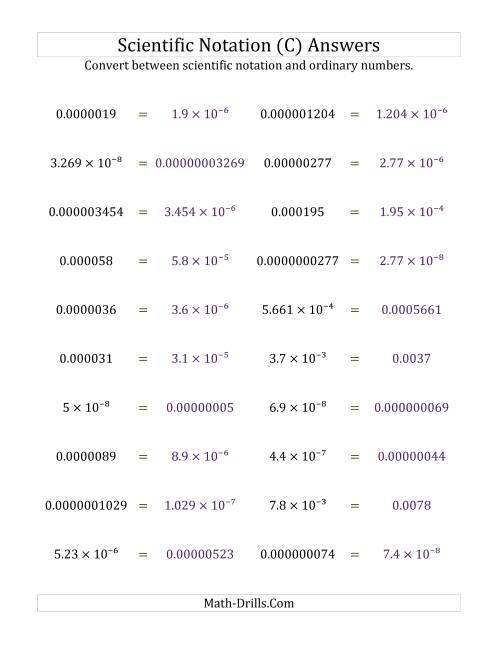 The Converting Between Scientific Notation and Ordinary Numbers (Small Only) (C) Math Worksheet Page 2