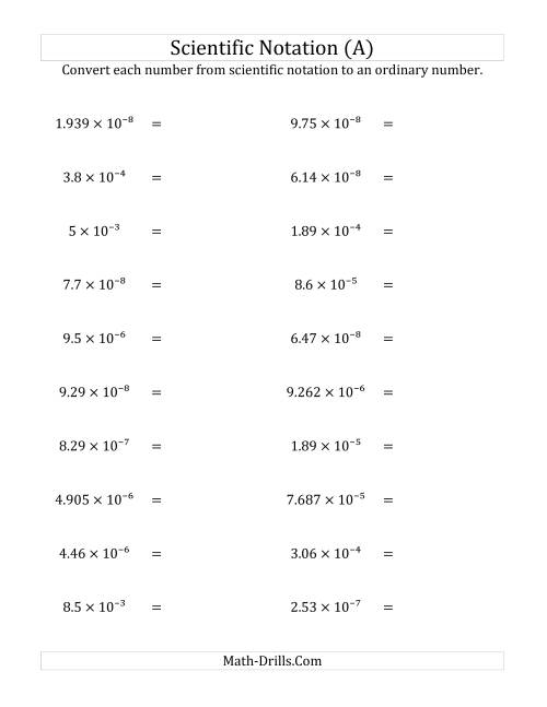 The Converting Scientific Notation to Ordinary Numbers (Small Only) (All) Math Worksheet
