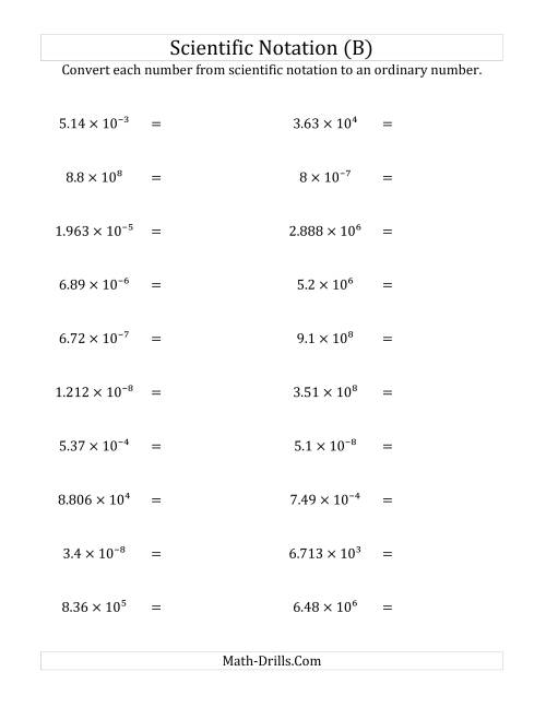 The Converting Scientific Notation to Ordinary Numbers (B) Math Worksheet