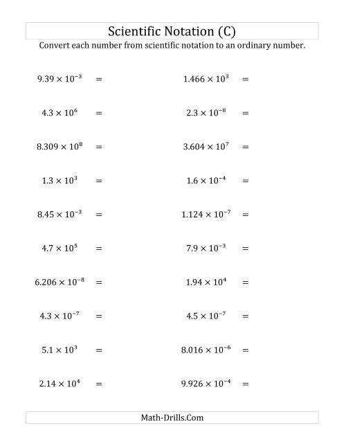 The Converting Scientific Notation to Ordinary Numbers (C) Math Worksheet