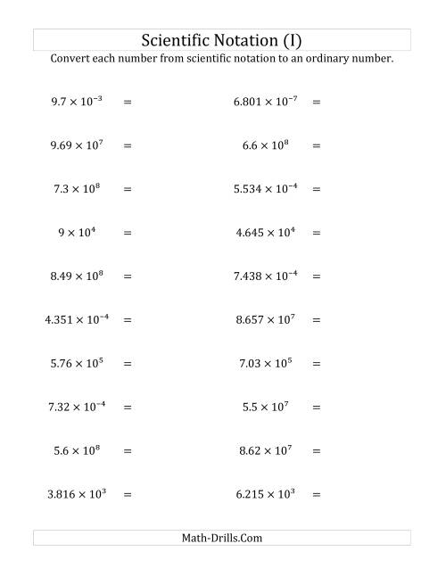 The Converting Scientific Notation to Ordinary Numbers (I) Math Worksheet