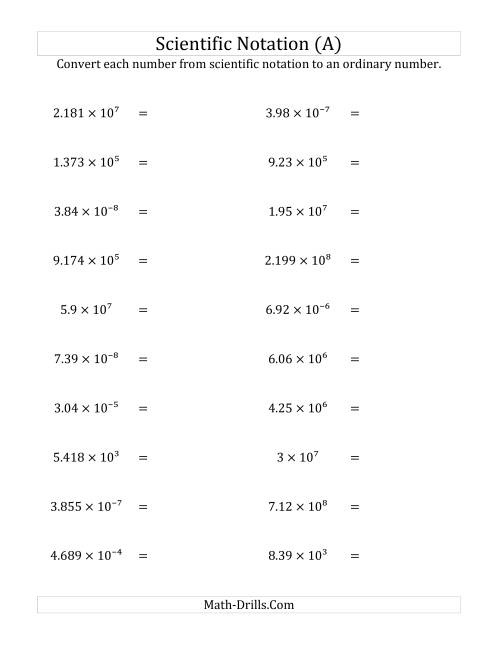 The Converting Scientific Notation to Ordinary Numbers (All) Math Worksheet