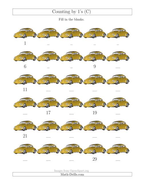 The Counting by 1's with Cars (C) Math Worksheet