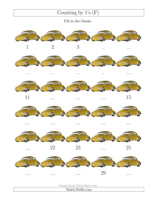 The Counting by 1's with Cars (F) Math Worksheet