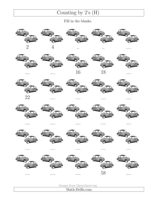The Counting by 2's with Cars (H) Math Worksheet