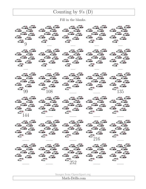 The Counting by 9's with Cars (D) Math Worksheet