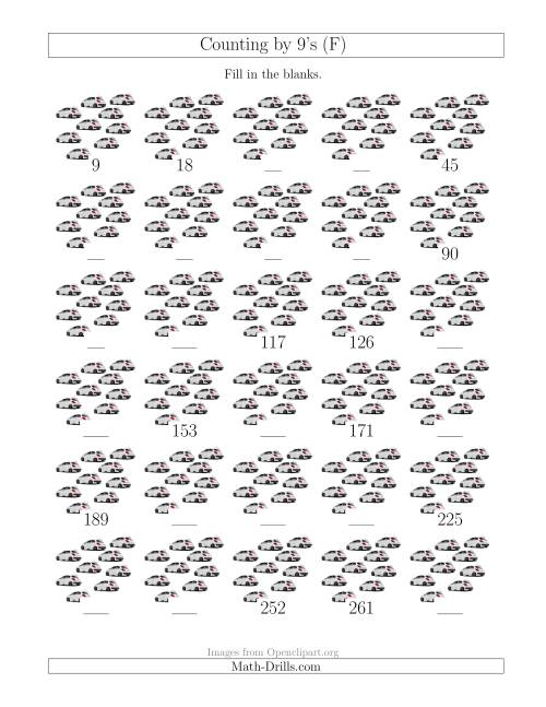 The Counting by 9's with Cars (F) Math Worksheet