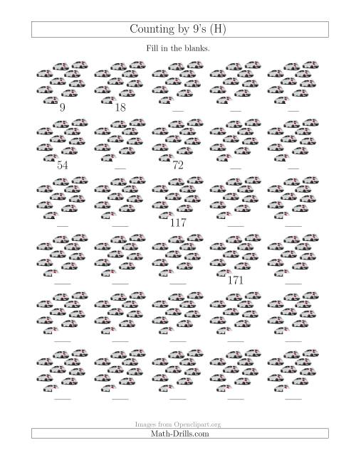 The Counting by 9's with Cars (H) Math Worksheet