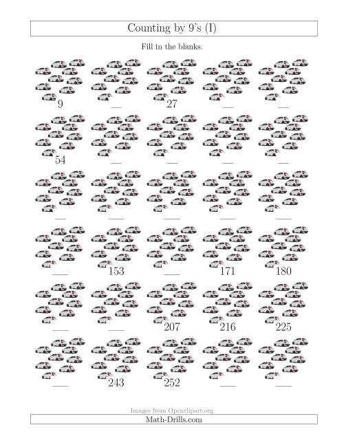 The Counting by 9's with Cars (I) Math Worksheet