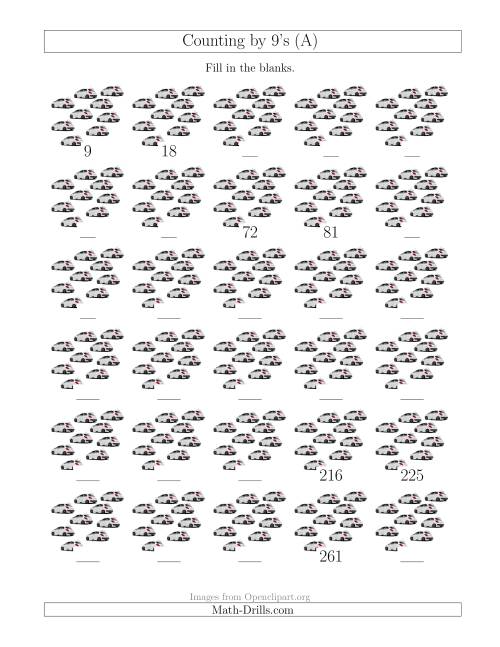 The Counting by 9's with Cars (All) Math Worksheet