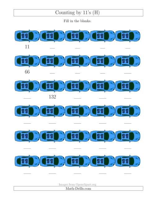 The Counting by 11's with Cars (H) Math Worksheet